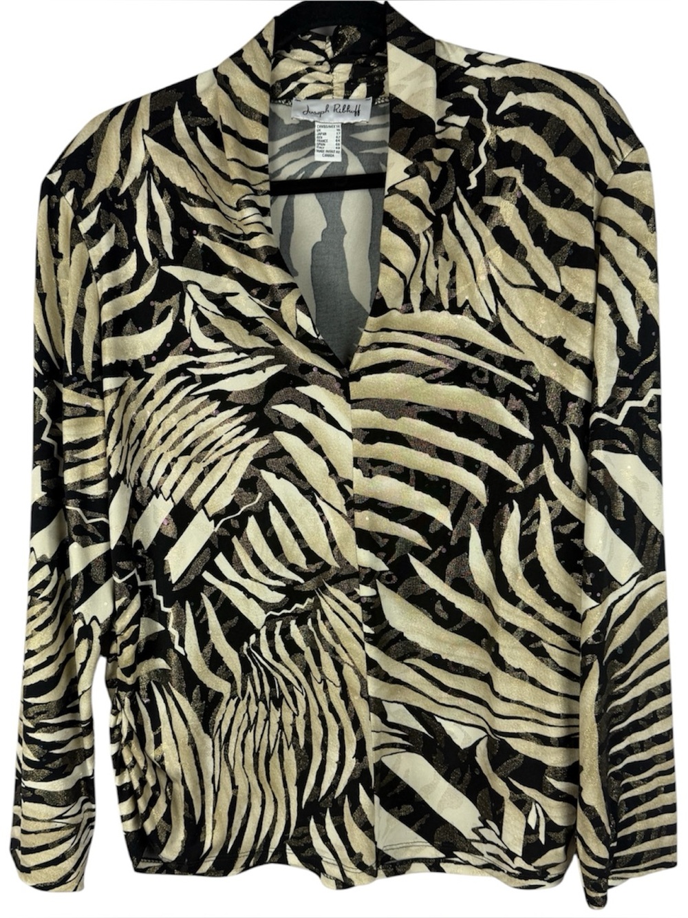 Joseph Ribkoff Abstract Palm Animal Print Metallic Sequined Top Size 14 